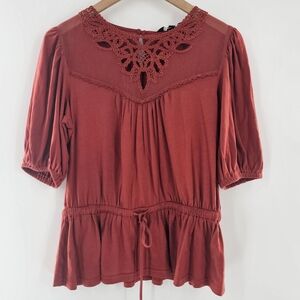 Ralph Lauren Red Sun Set  Short Puff Sleeve Peplum Top Womens Size Medium